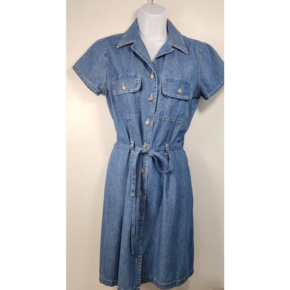 Casual Corner Denim Shirt Dress Button Front Belted Blue Size 6